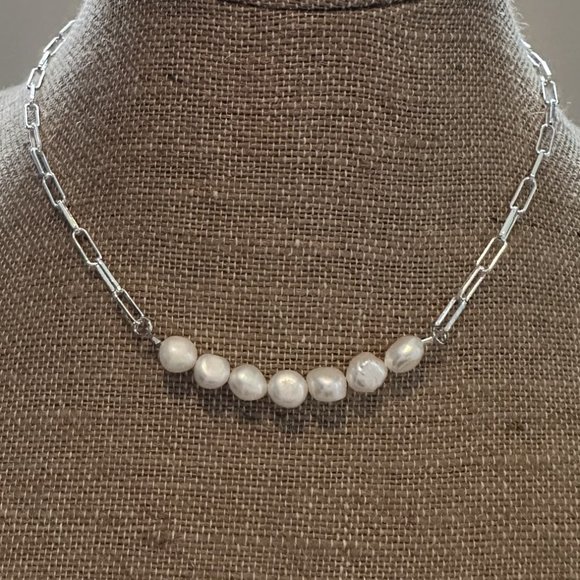 Silver Paperclip Pearl Necklace 16.5”+2” - Picture 3 of 3